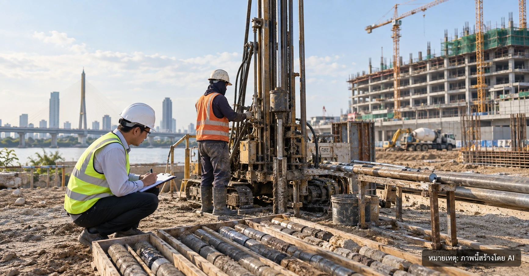 Geotechnical engineer recording soil investigation data beside a drilling rig at a construction site