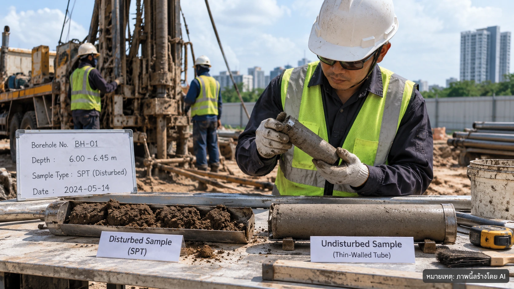 Geotechnical field team labeling split-spoon and thin-walled tube soil samples beside a drilling rig